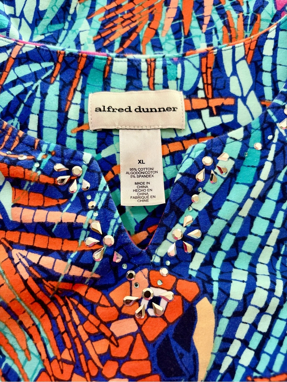 Alfred Dunner XL Tropical Print Top - Blue, Teal & Orange w Silver Embellishment - Picture 2 of 3